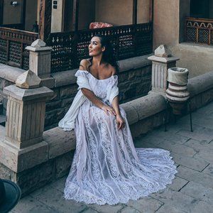 Morning Lavender Alessia Lace Off Shoulder Maxi Dress